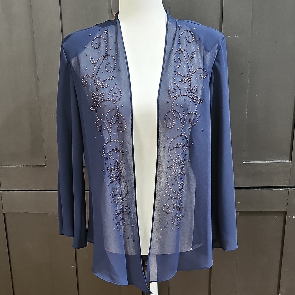 R&M Richards Navy Sheer Beaded Cardigan